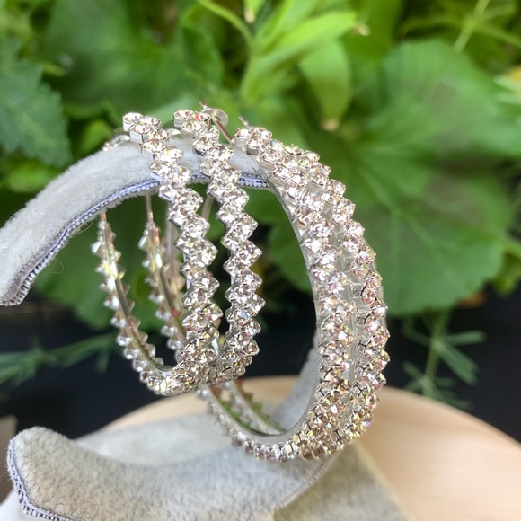 Big Silver Crystal Hoop Earrings - Picture 2 of 8